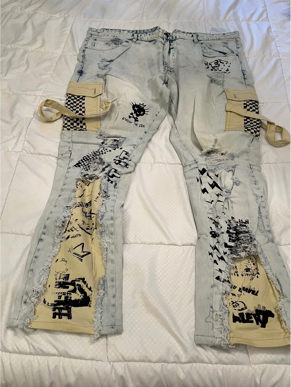 NEW SMOKE RISES 48” x 32” Acid washed distressed graffiti pockets writing jeans